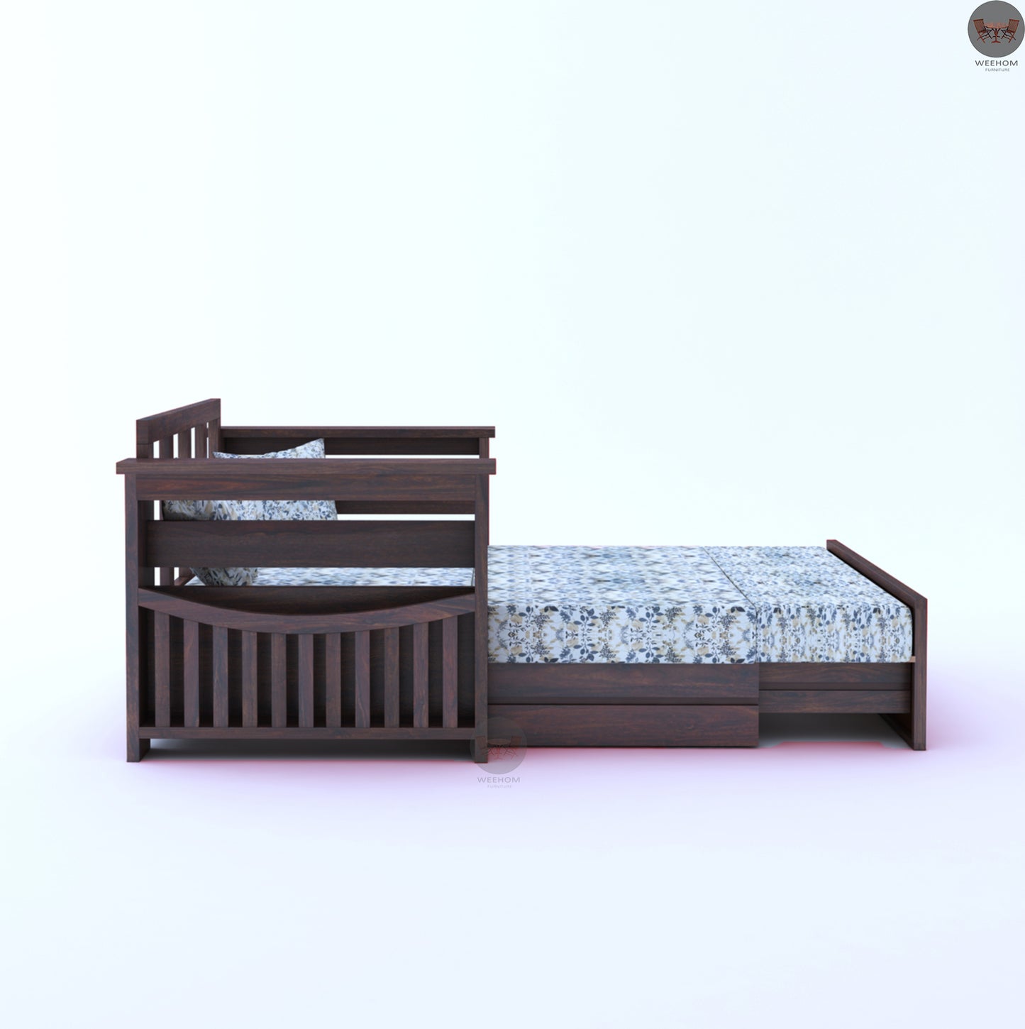 Weehom Furniture Cosima Bricks Solid Wood Sheesham Sofa cum Bed with Storage & Magazine Rack- Walnut Finish