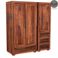 WeeHom Furniture CNC Solid Sheesham Wood Double Wardrobe With 7 Drawers - Honey Finish