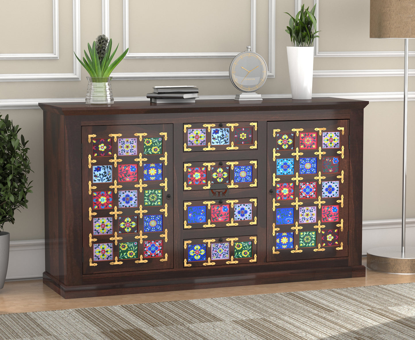 WeeHom Furniture Antique Side board With Tile and Brass Work