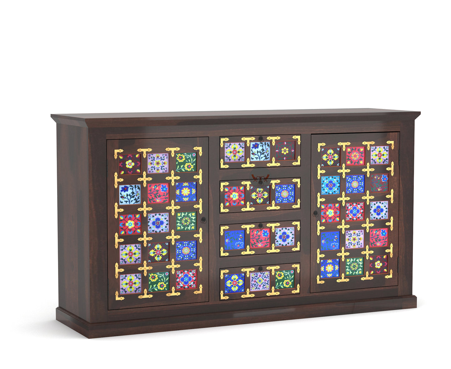 WeeHom Furniture Antique Side board With Tile and Brass Work