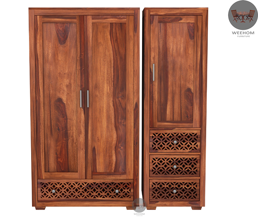 WeeHom Furniture CNC Solid Sheesham Wood Double Wardrobe With 7 Drawers - Honey Finish