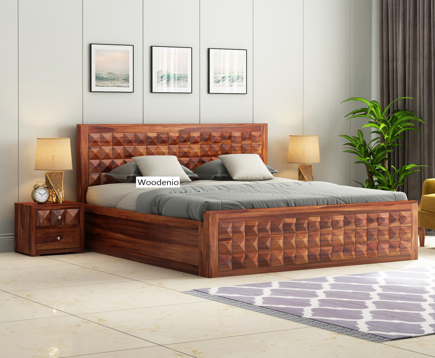 Solid Sheesham Wood Bed with Hydraulic Storage for Bedroom | Solid Wood Double Bed Cot (Without Bedside)