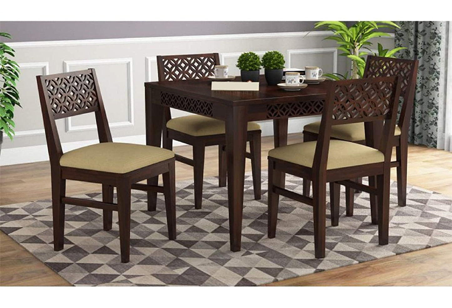 WeeHom Furniture Sheesham Wood CNC 4 Seater Cream Cushion Dining Set of Wooden Dining Table with Chairs for Living Room