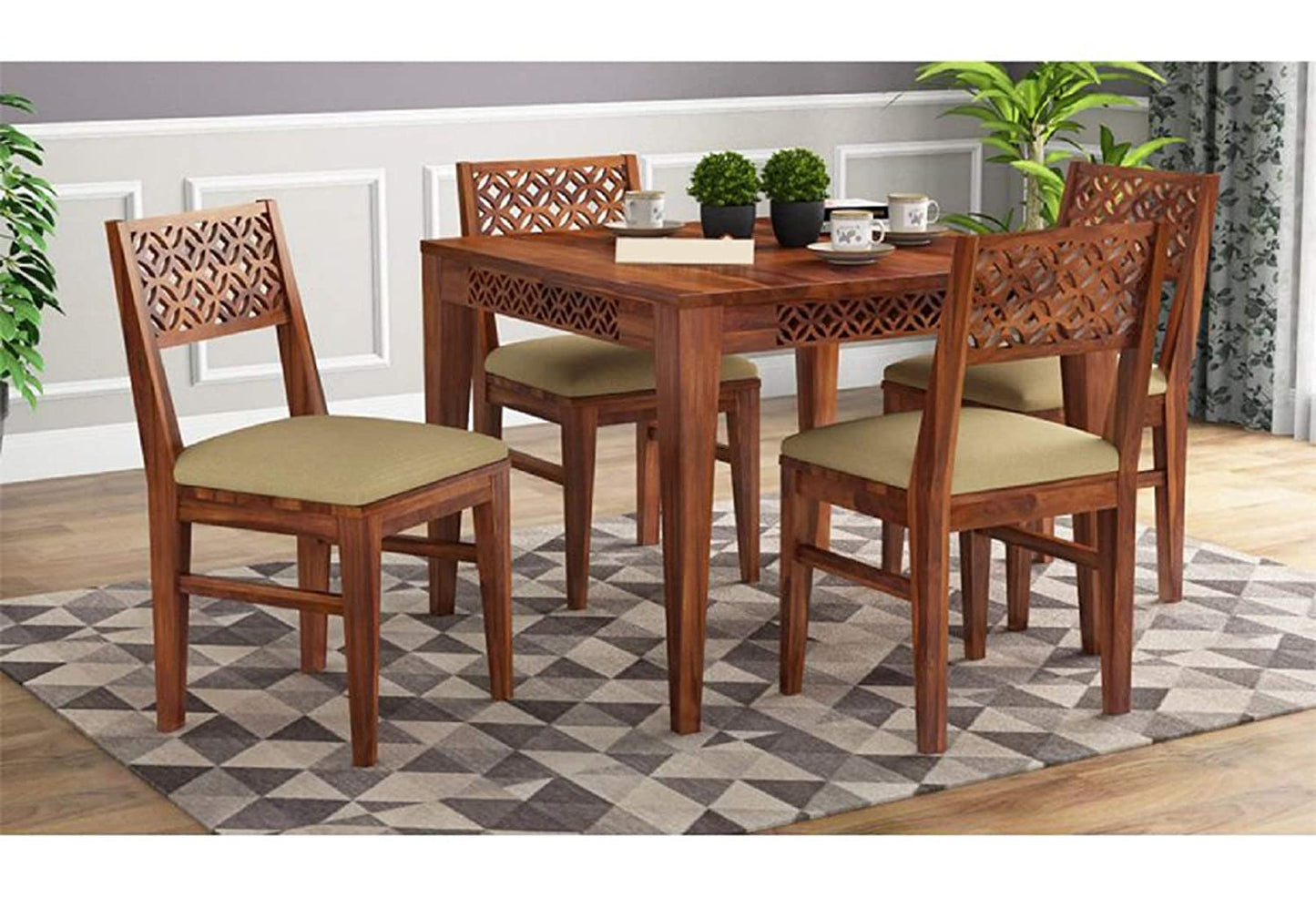 WeeHom Furniture Sheesham Wood CNC 4 Seater Cream Cushion Dining Set of Wooden Dining Table with Chairs for Living Room